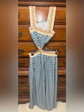 SHEIN Blue Printed Maxi Dress with Orange Trim